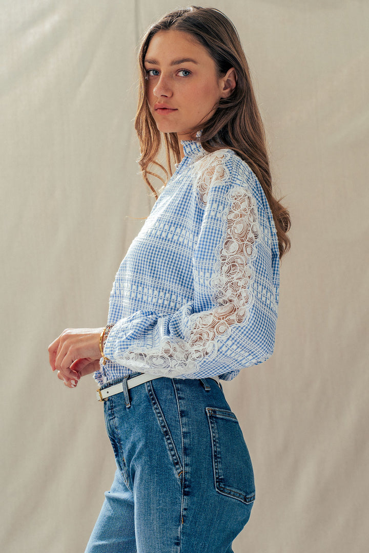 lace gingham button down blouse - blue (additional view)