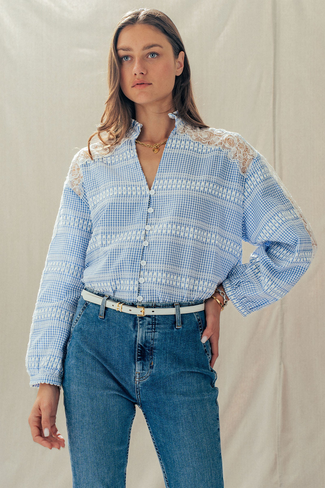 lace gingham button down blouse - blue (additional view)