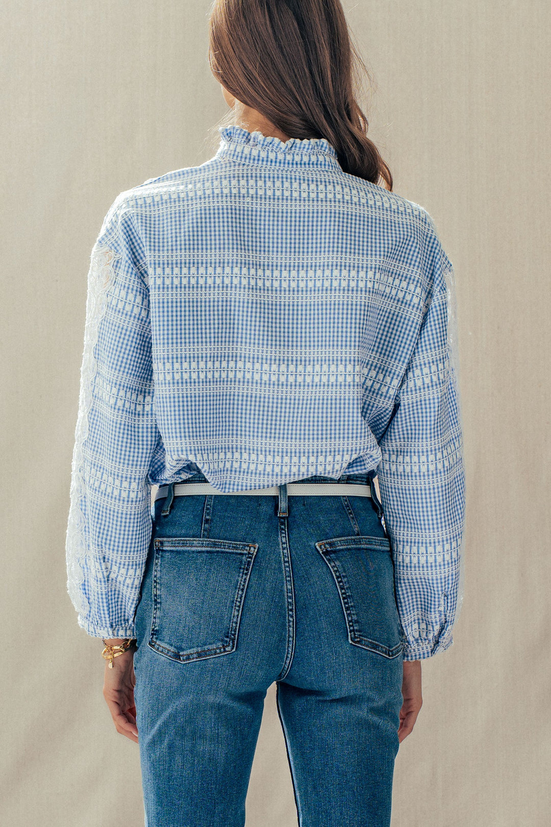 lace gingham button down blouse - blue (additional view)