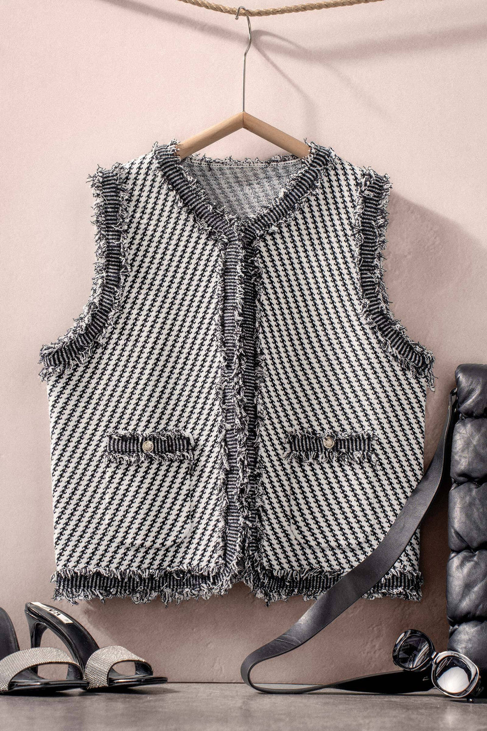 stretch knit tweed vest with frayed trim - ivory navy (additional view)