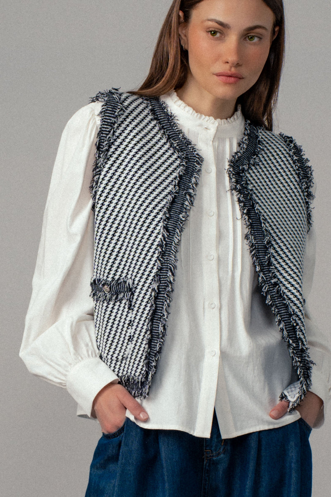 stretch knit tweed vest with frayed trim - ivory navy (additional view)