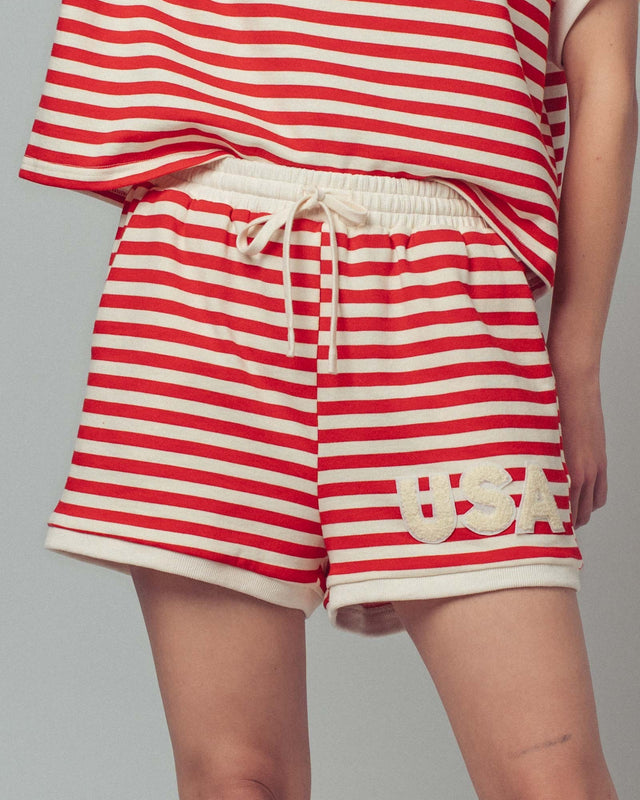 usa striped comfy knit french terry shorts - red stripe