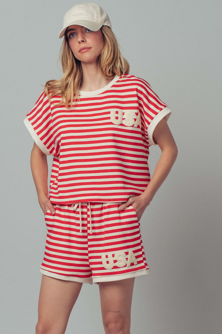 usa striped comfy knit french terry shorts - red stripe (additional view)