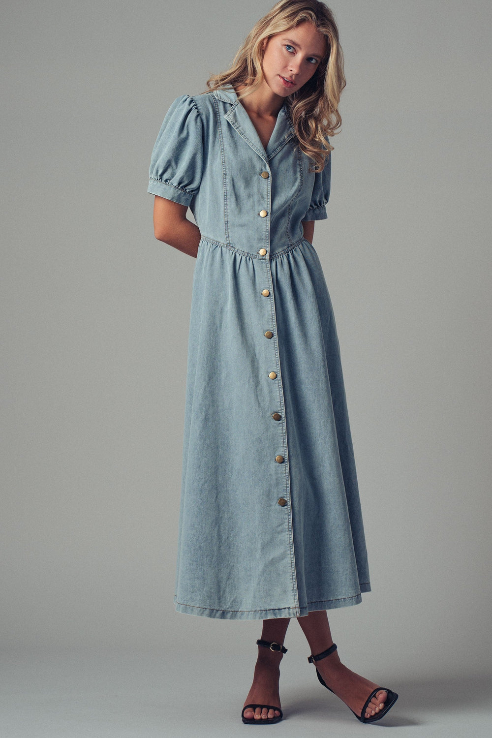Chic Button Down Midi Dress With Puff Sleeves, additional view