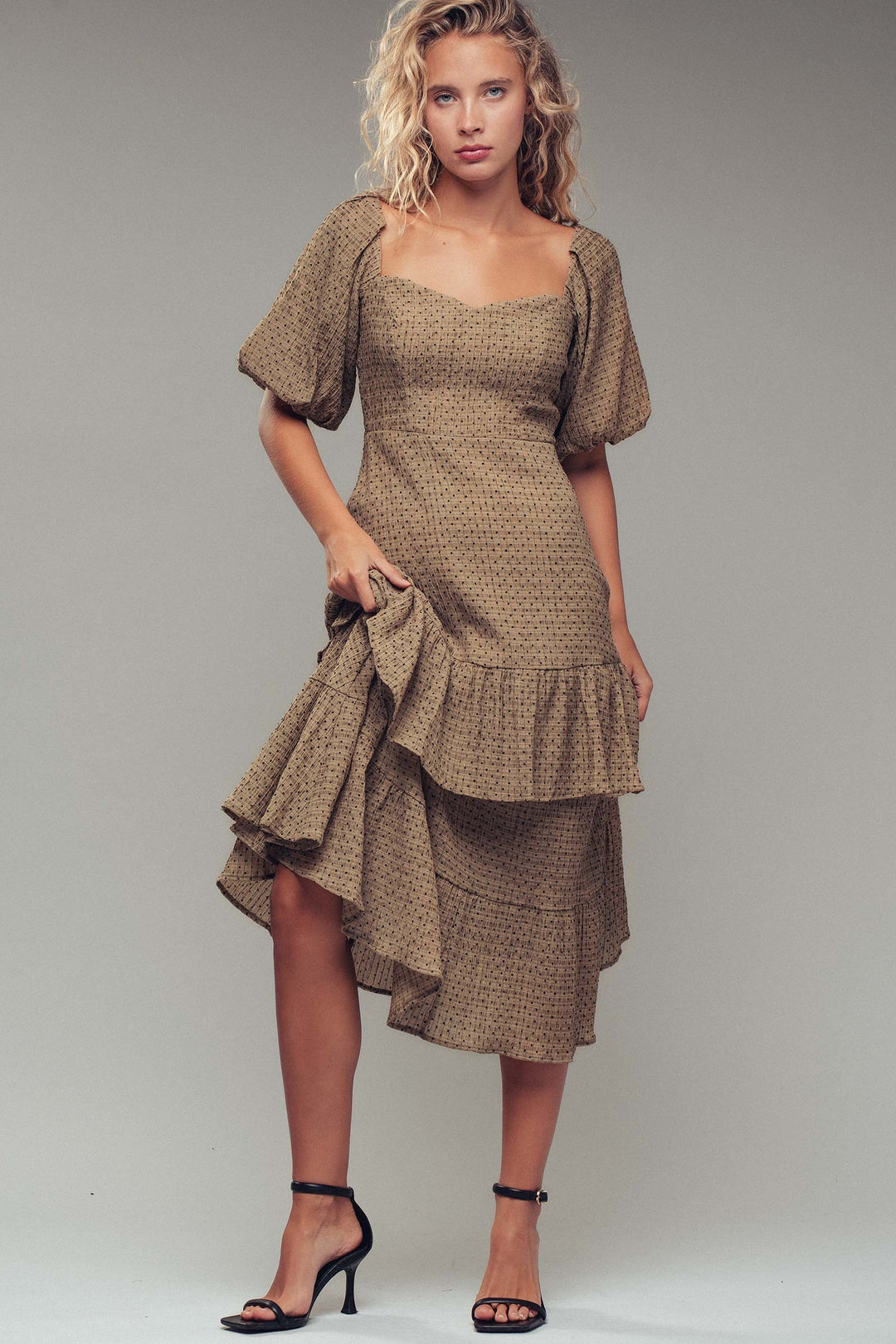 puff sleeve midi dress - taupe