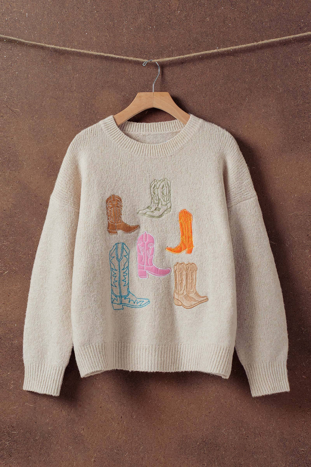 colorful cowboy boot embroidered knit sweater - ivory (additional view)