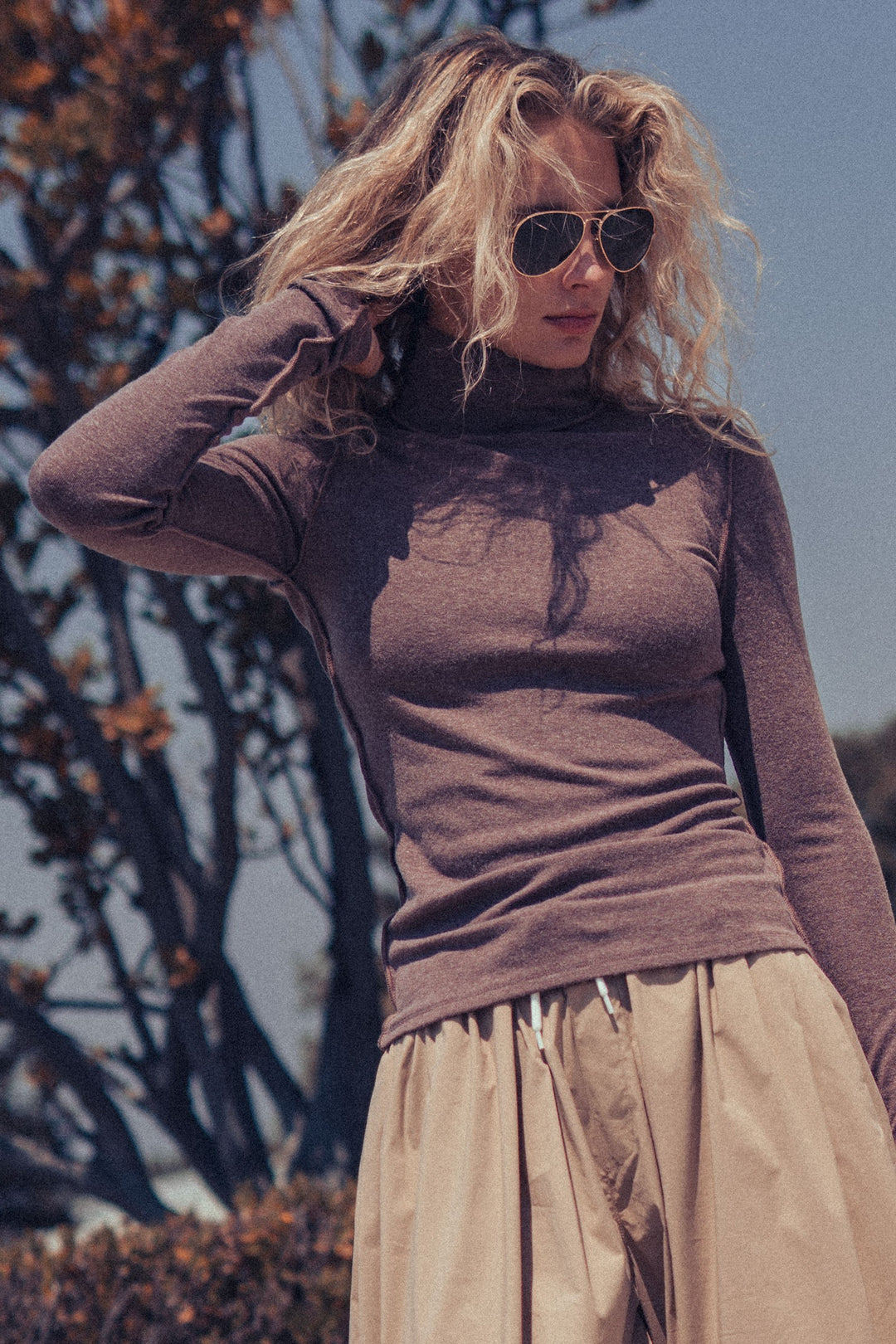 classic striped long sleeve turtleneck top - brown