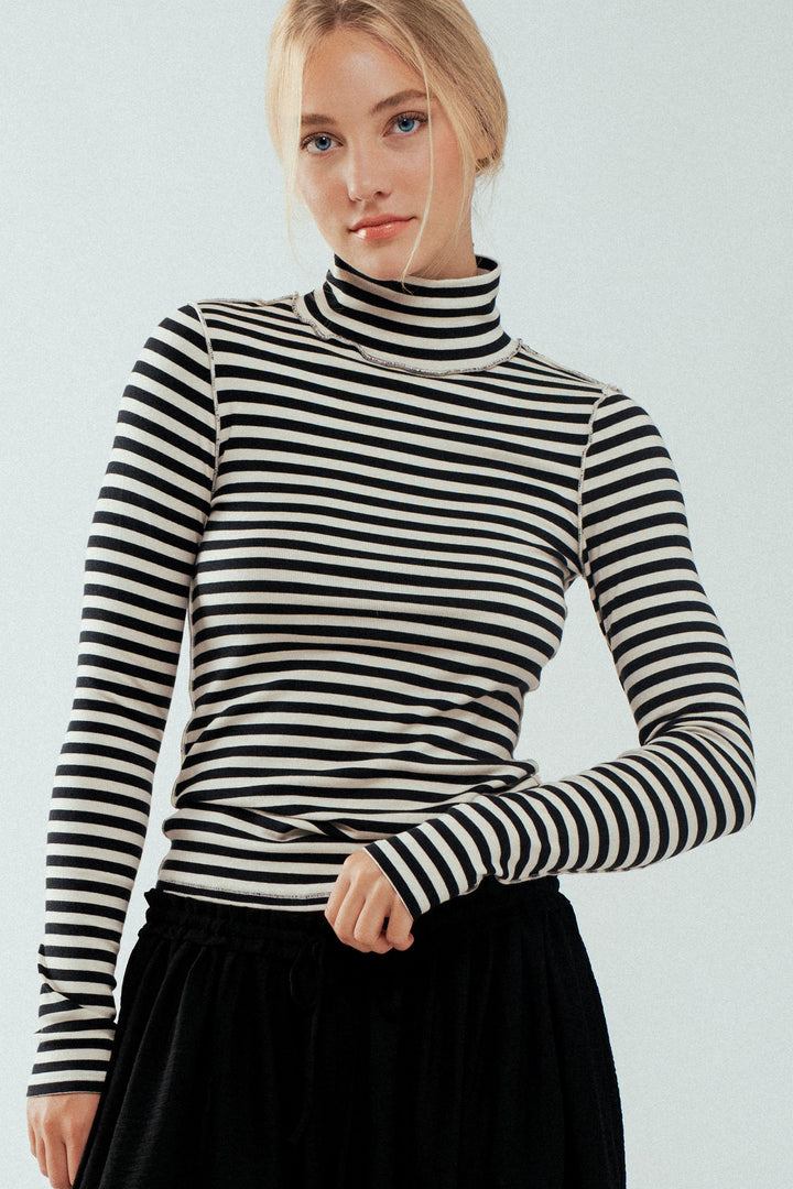 classic striped long sleeve turtleneck top - ivory black (additional view)