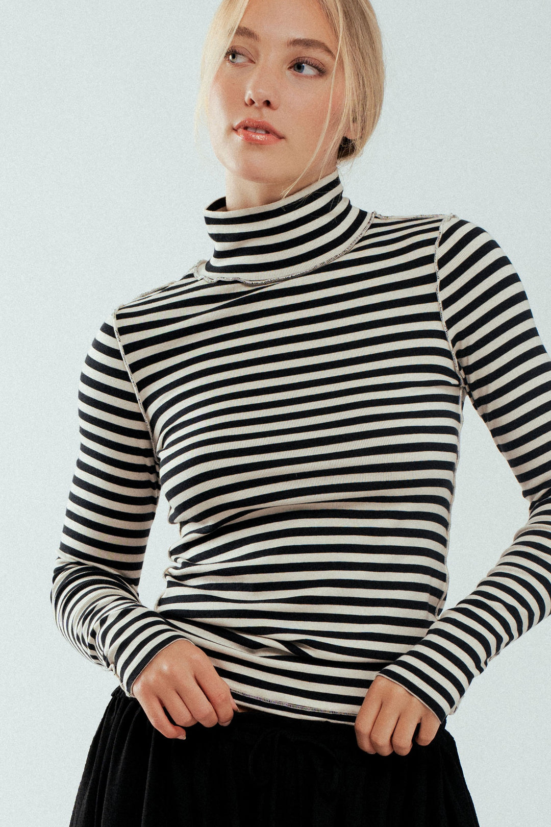 classic striped long sleeve turtleneck top - ivory black (additional view)