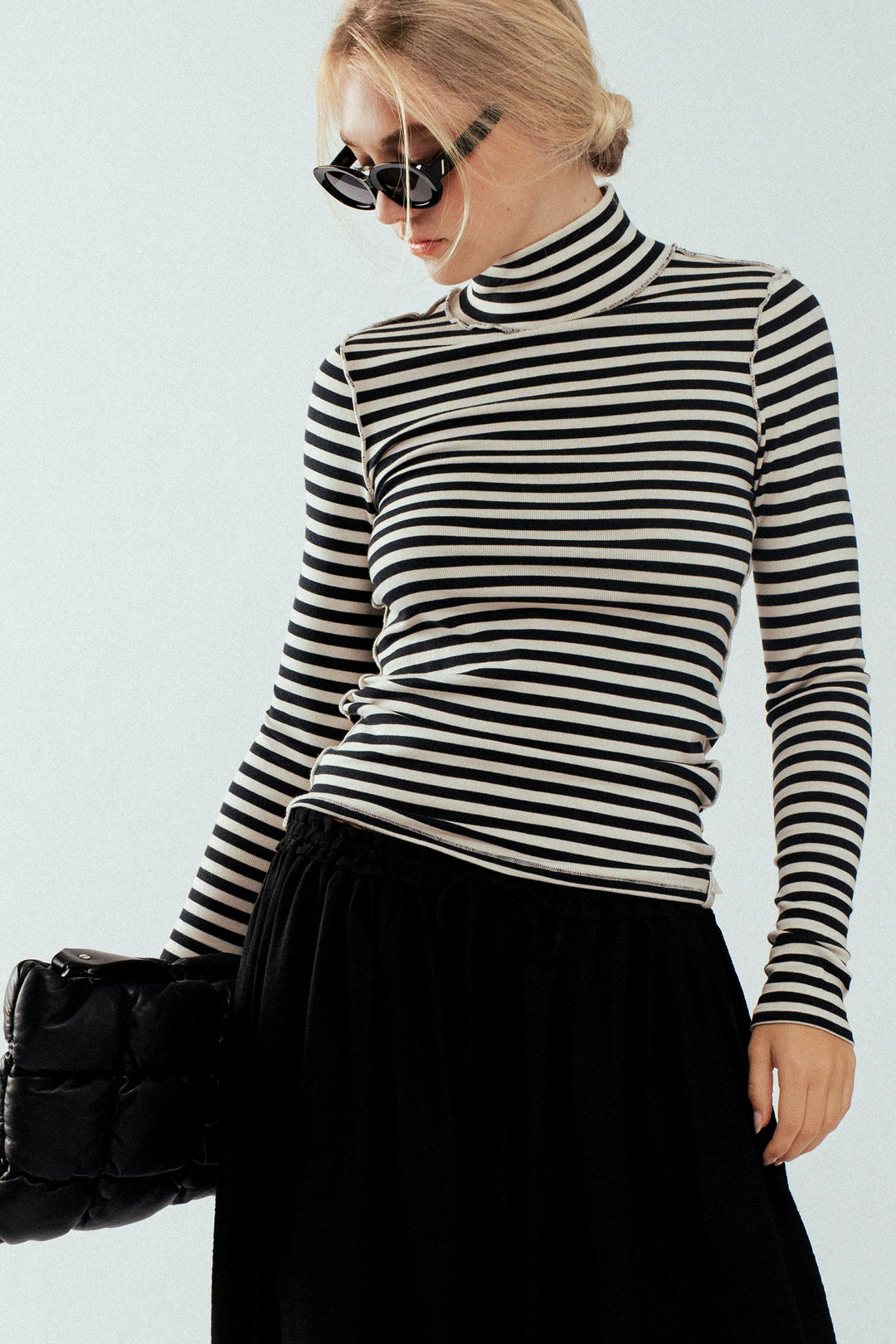 classic striped long sleeve turtleneck top - ivory black (additional view)
