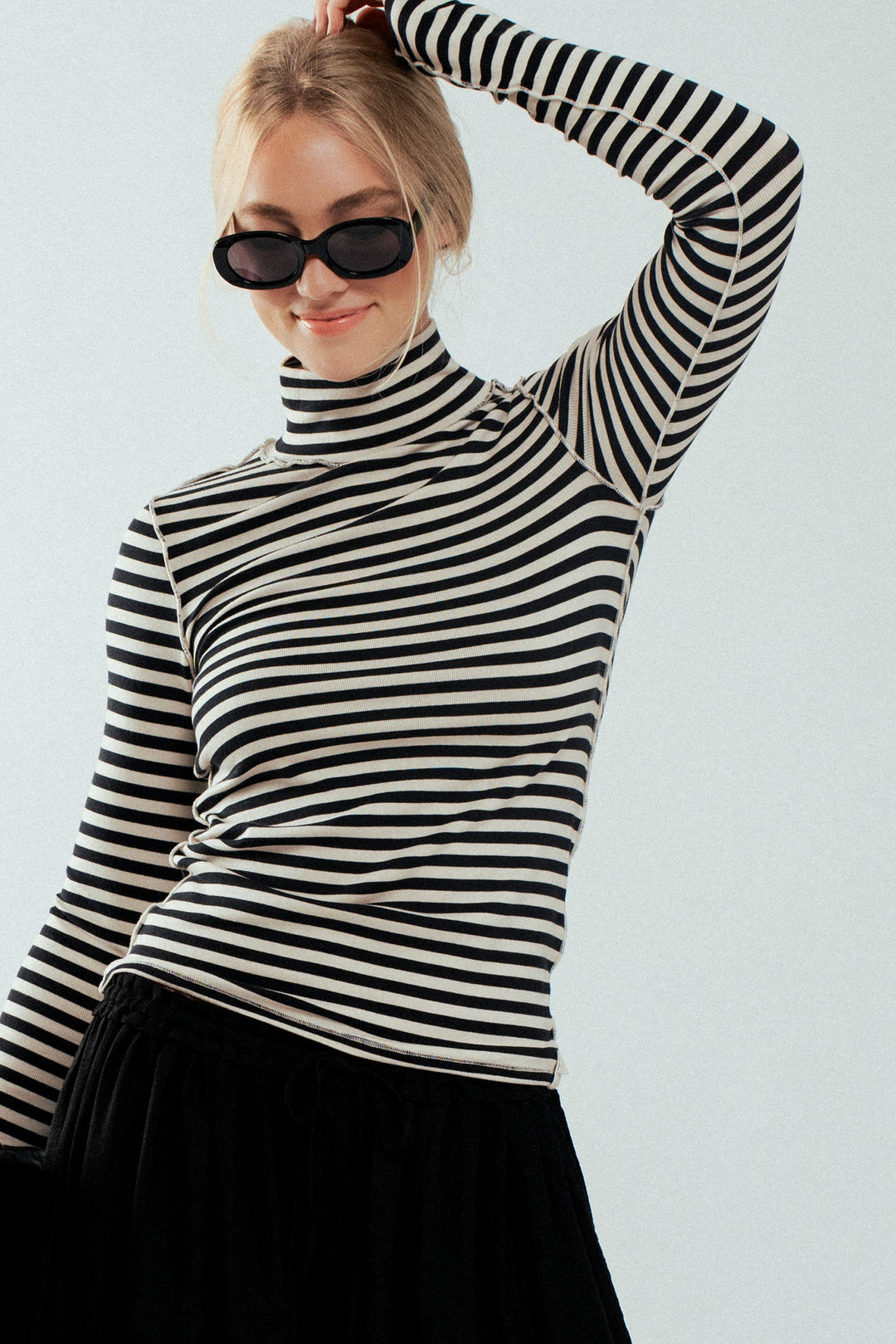 classic striped long sleeve turtleneck top - ivory black (additional view)