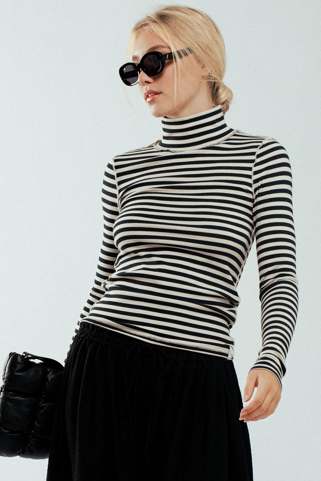 classic striped long sleeve turtleneck top - ivory black (additional view)