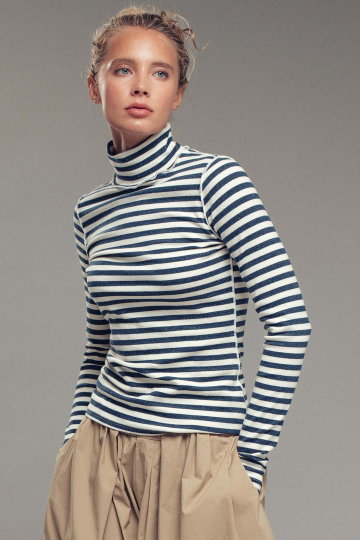 classic striped long sleeve turtleneck top - ivory navy (additional view)