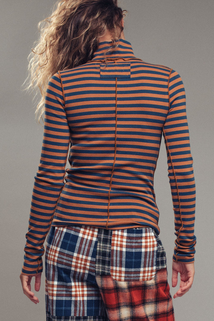 classic striped long sleeve turtleneck top - teal brown (additional view)