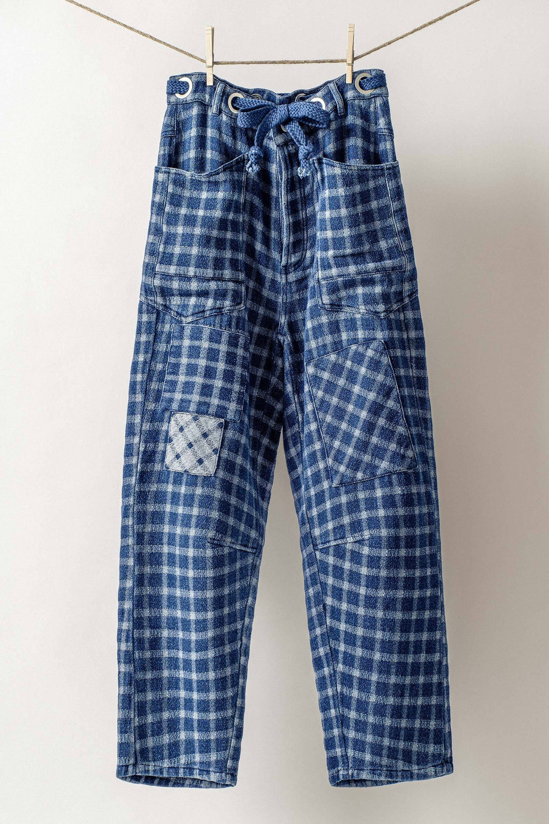 patch checkered denim pants - blue