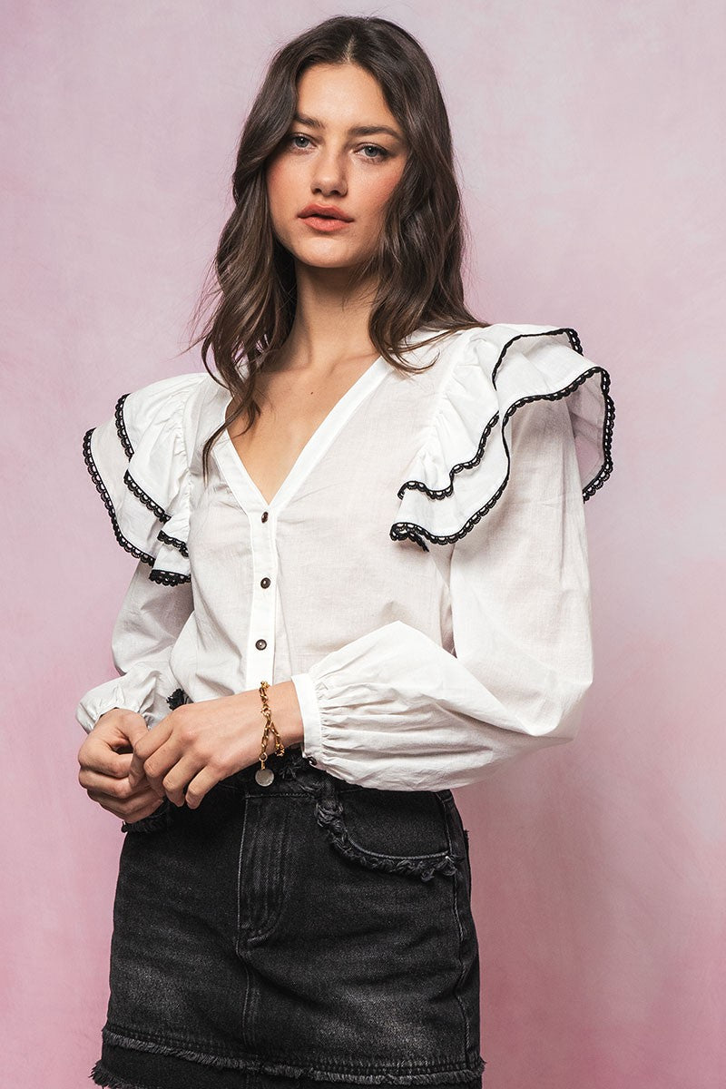 ruffle shoulder boho casual tops with button front - whiteblack