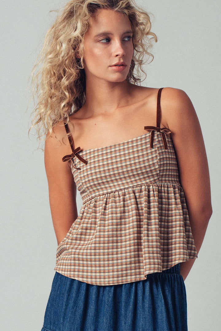 Gingham Peplum Camisole Top with Velvet Straps