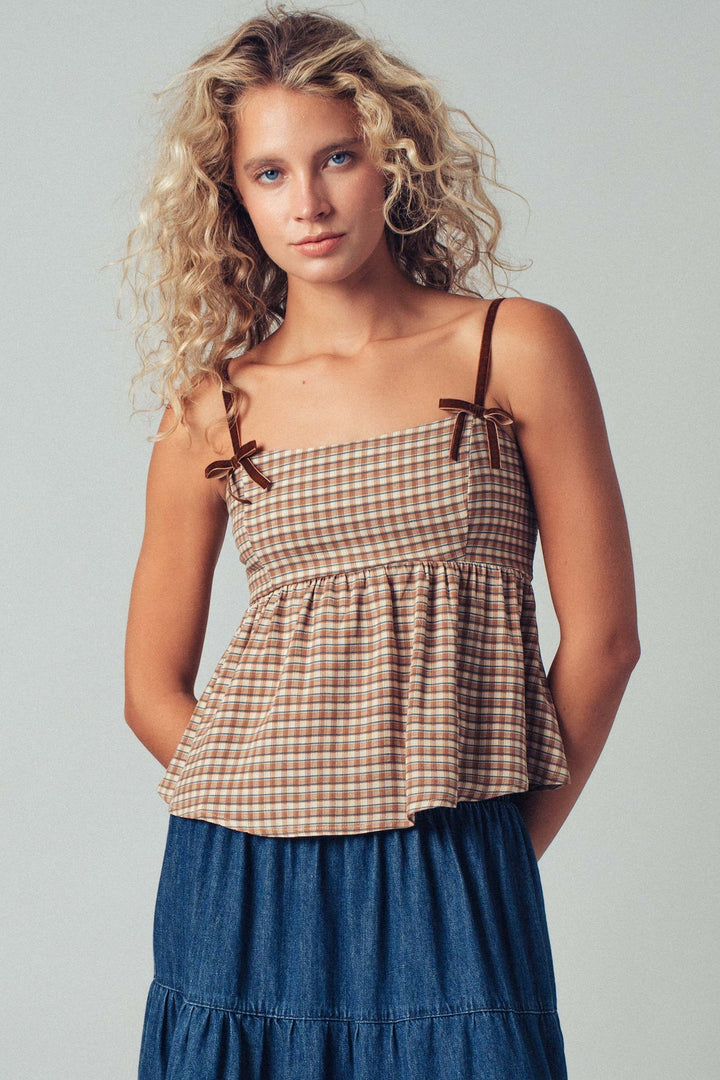 Gingham Peplum Camisole Top with Velvet Straps