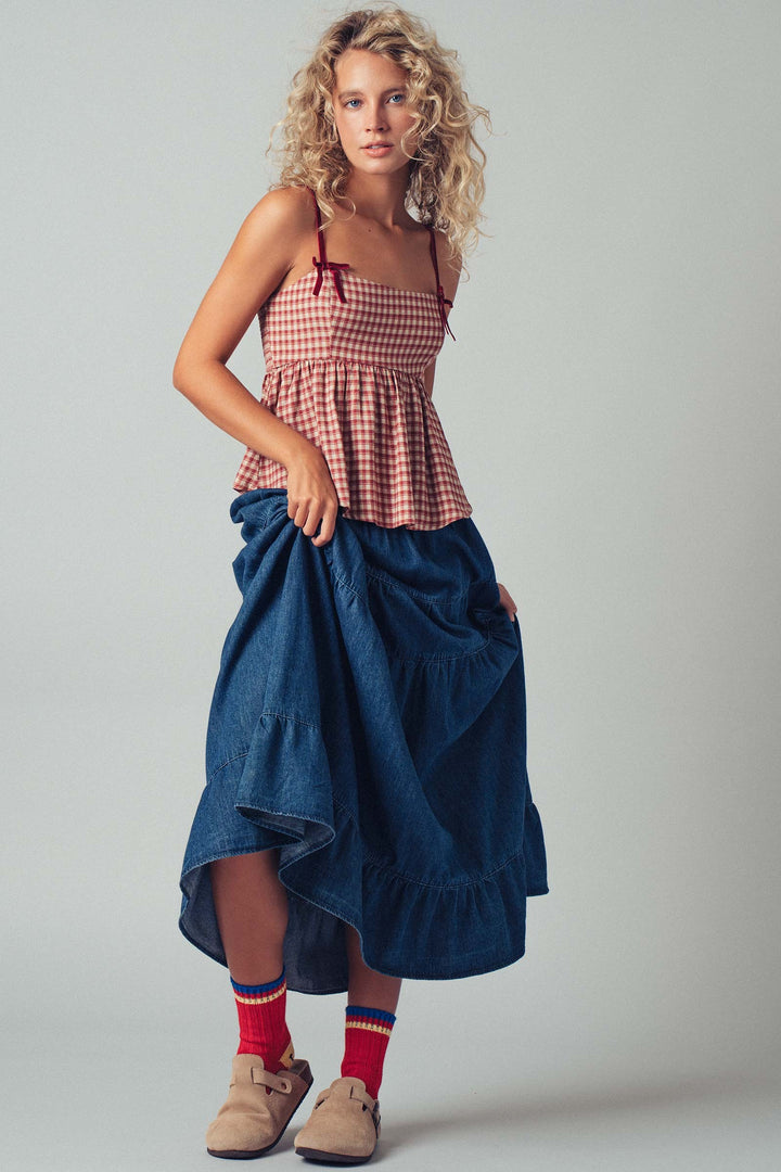 Gingham Peplum Camisole Top with Velvet Straps