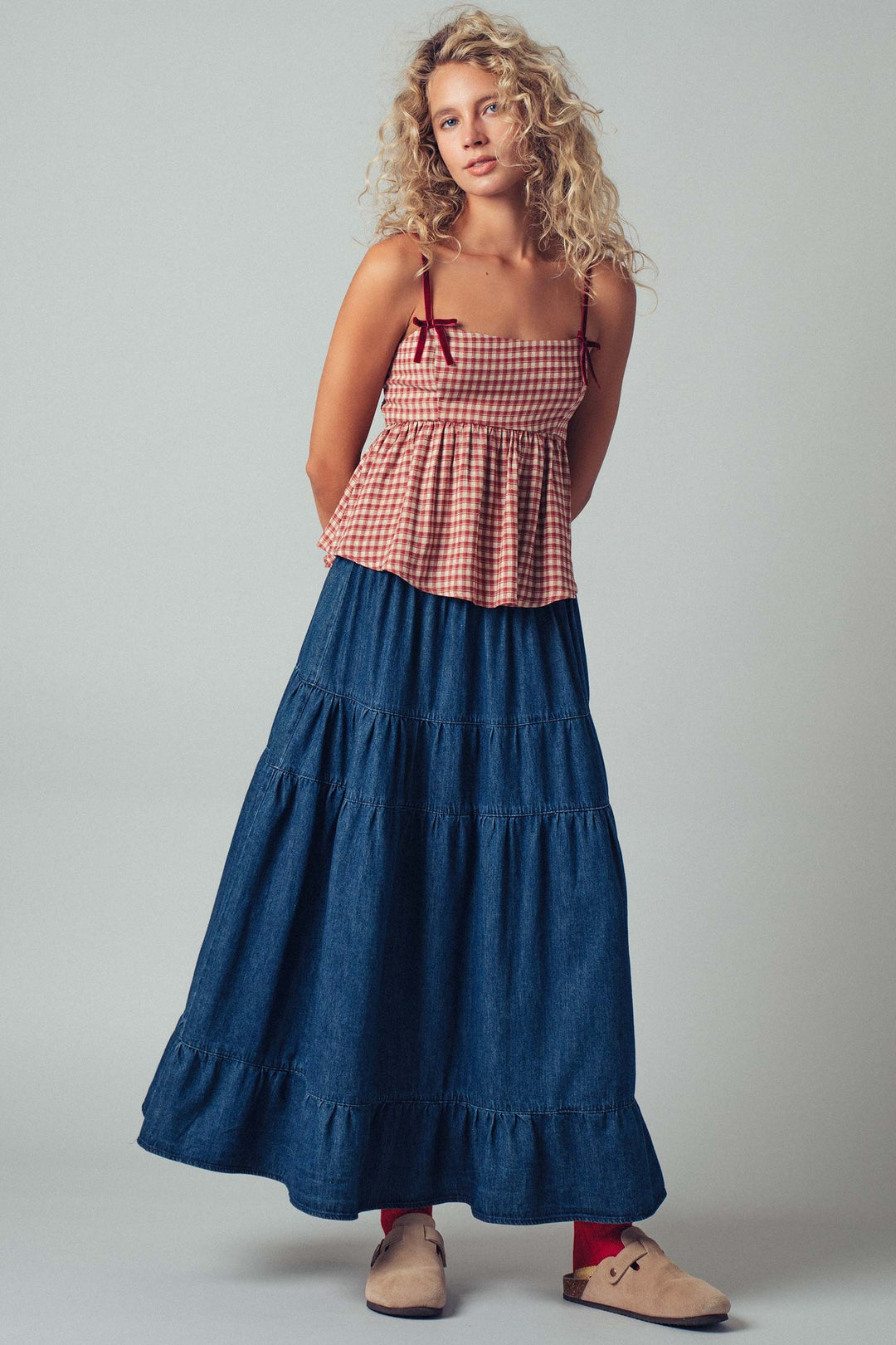 Gingham Peplum Camisole Top with Velvet Straps