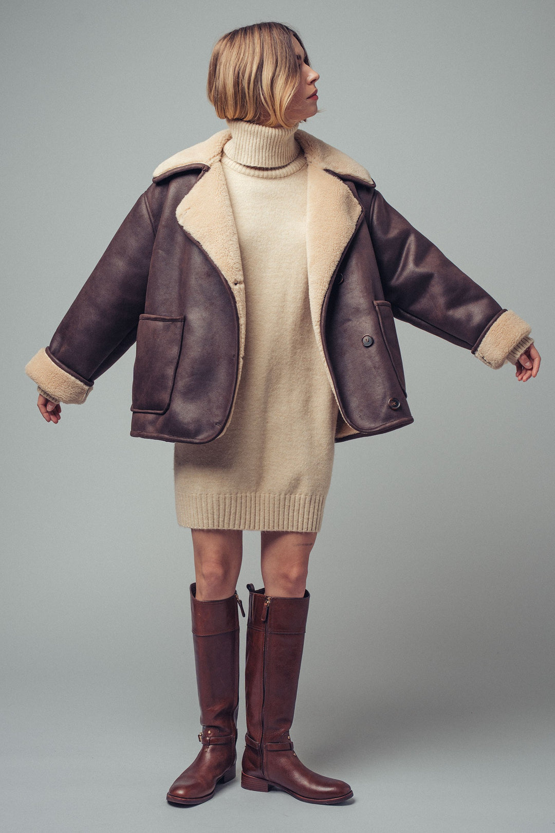 cozy turtleneck oversized knit sweater dress - oatmeal