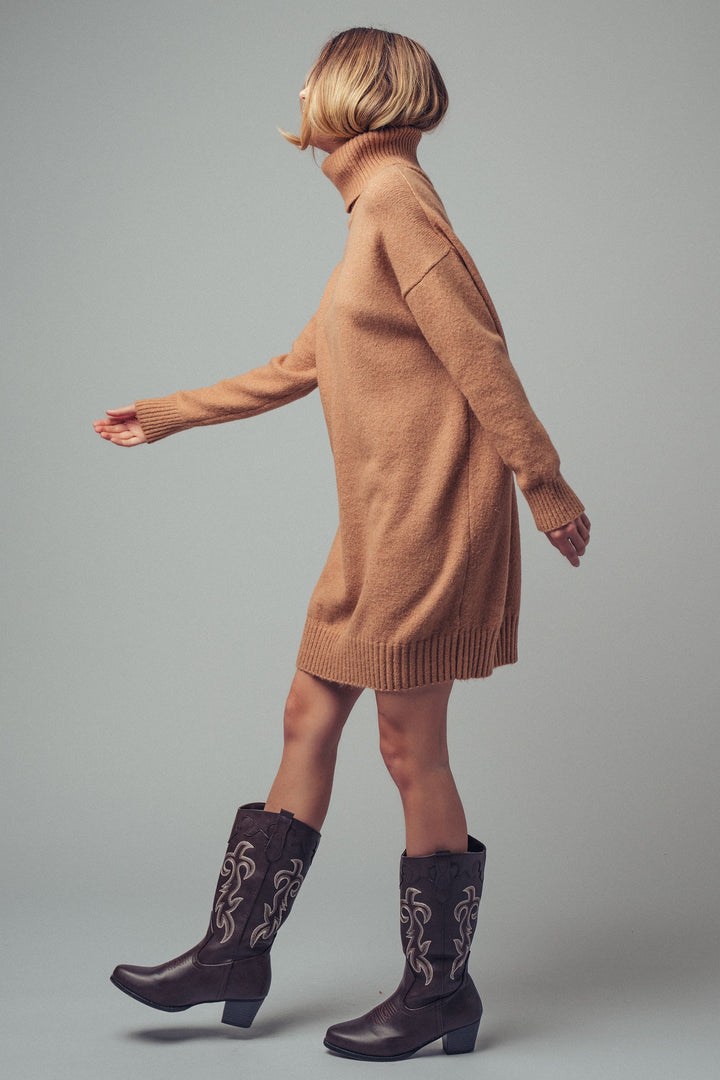 cozy turtleneck oversized knit sweater dress - camel (additional view)