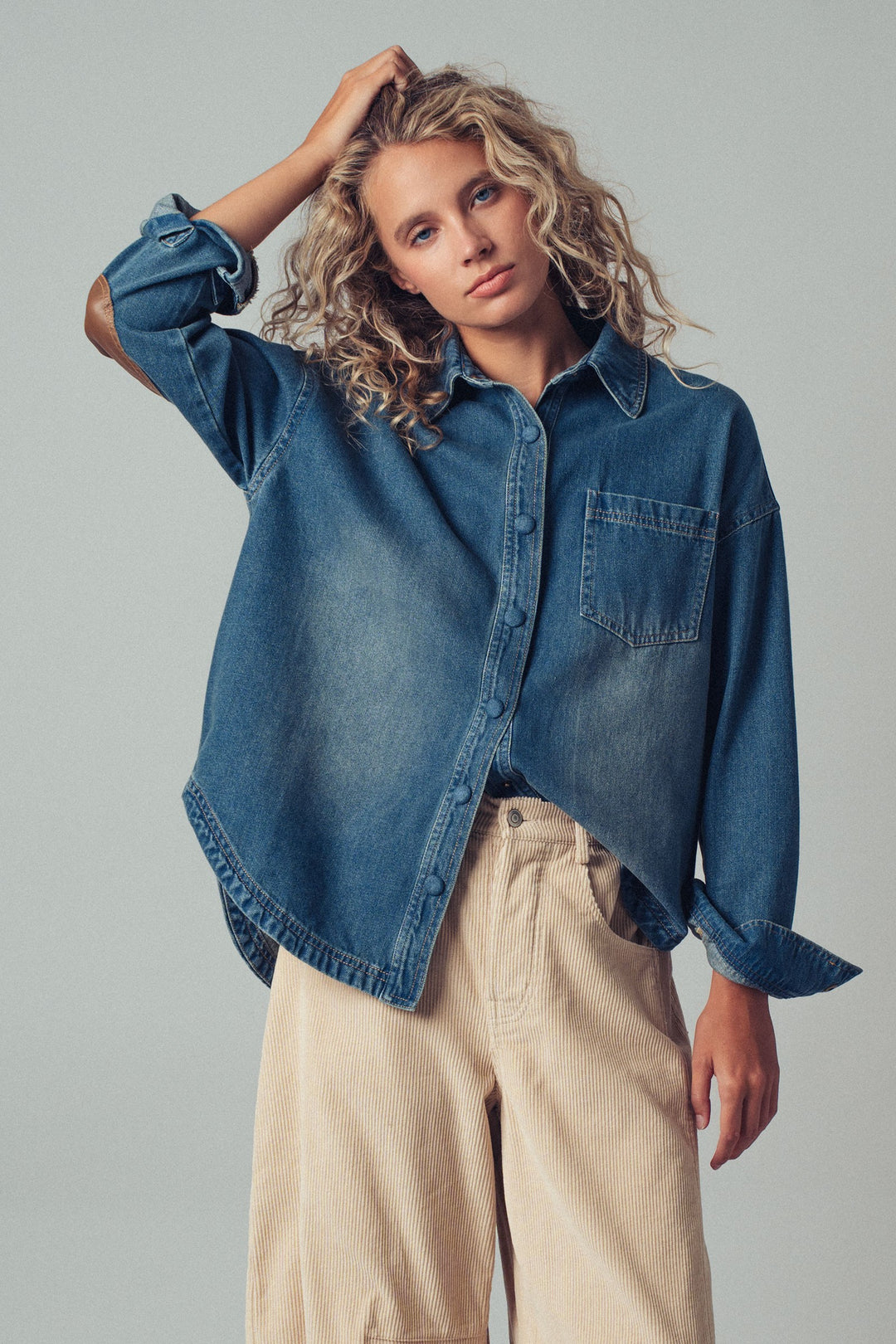 denim western casual top with elbow patch detail - denim