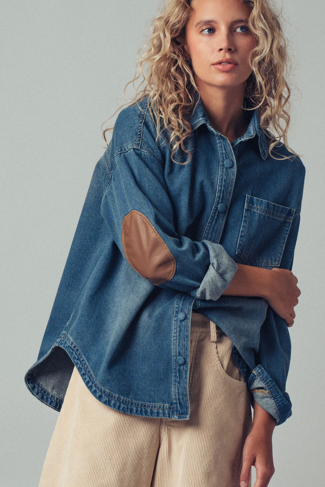 denim western casual top with elbow patch detail - denim (additional view)