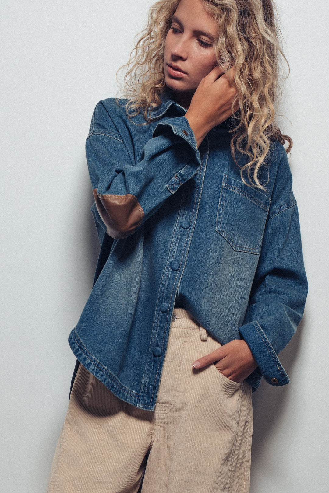 denim western casual top with elbow patch detail - denim (additional view)