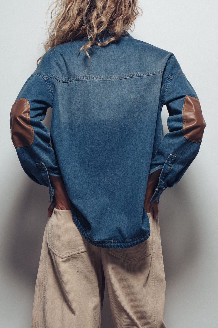 denim western casual top with elbow patch detail - denim (additional view)