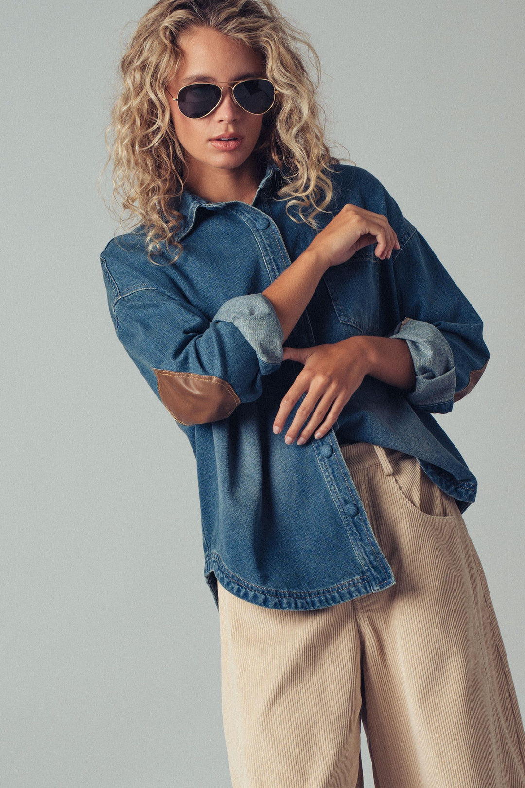 denim western casual top with elbow patch detail - denim (additional view)