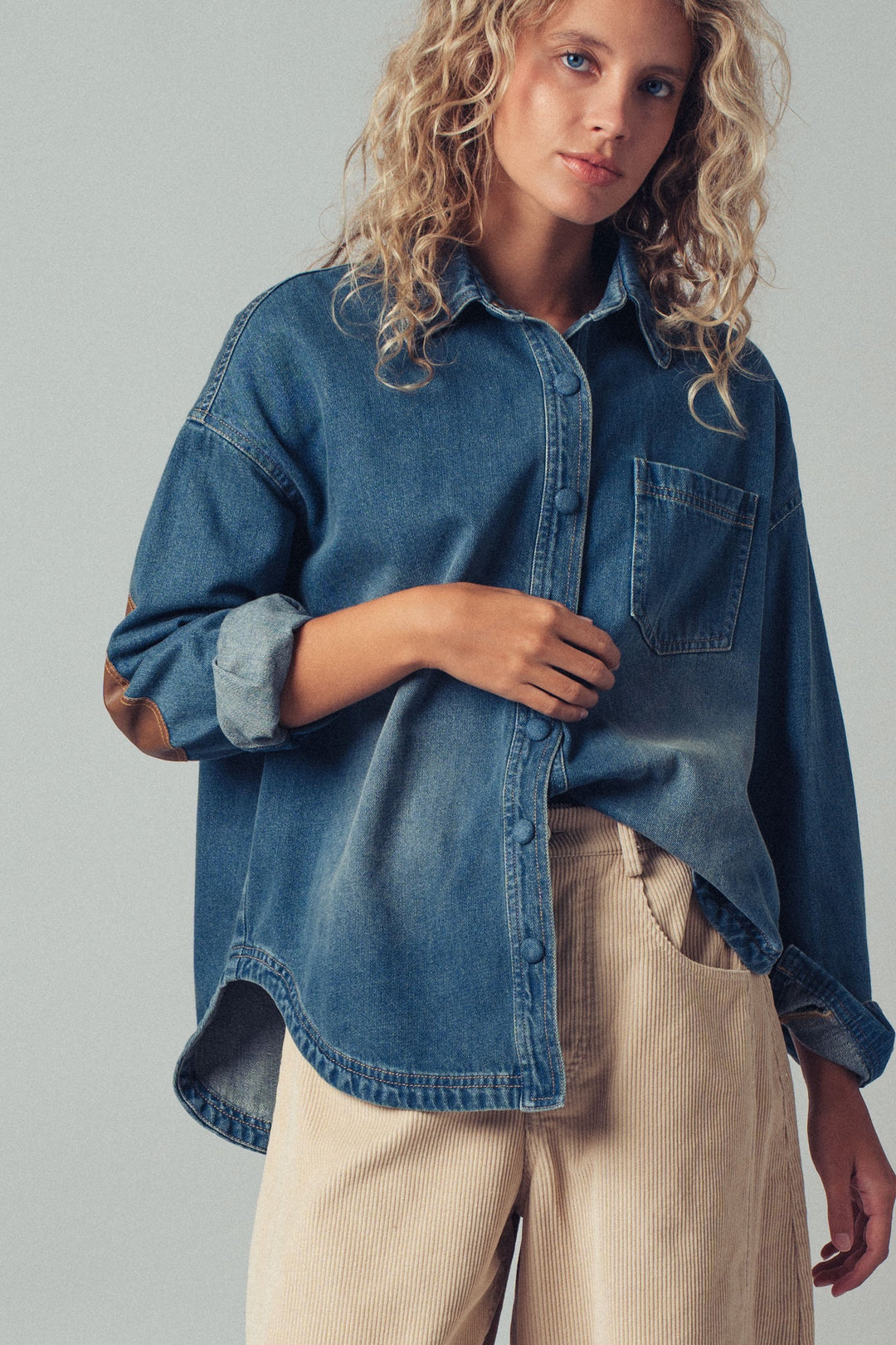 denim western casual top with elbow patch detail - denim (additional view)