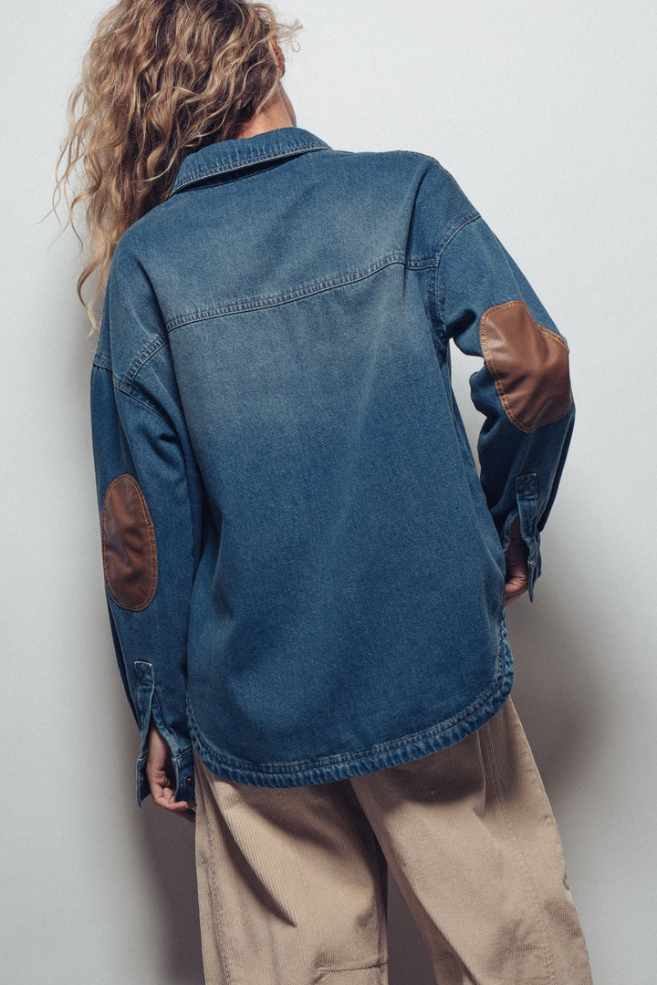 denim western casual top with elbow patch detail - denim (additional view)