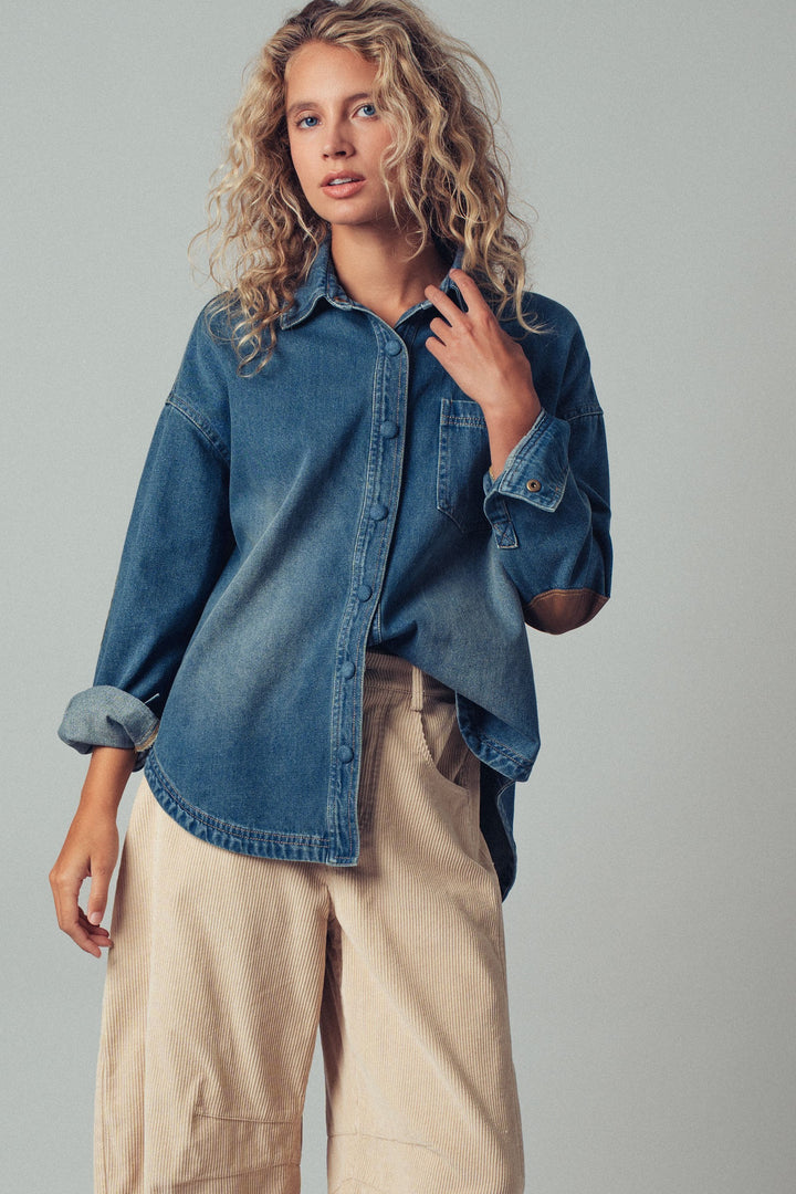denim western casual top with elbow patch detail - denim (additional view)