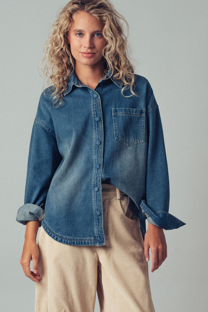 denim western casual top with elbow patch detail - denim (additional view)