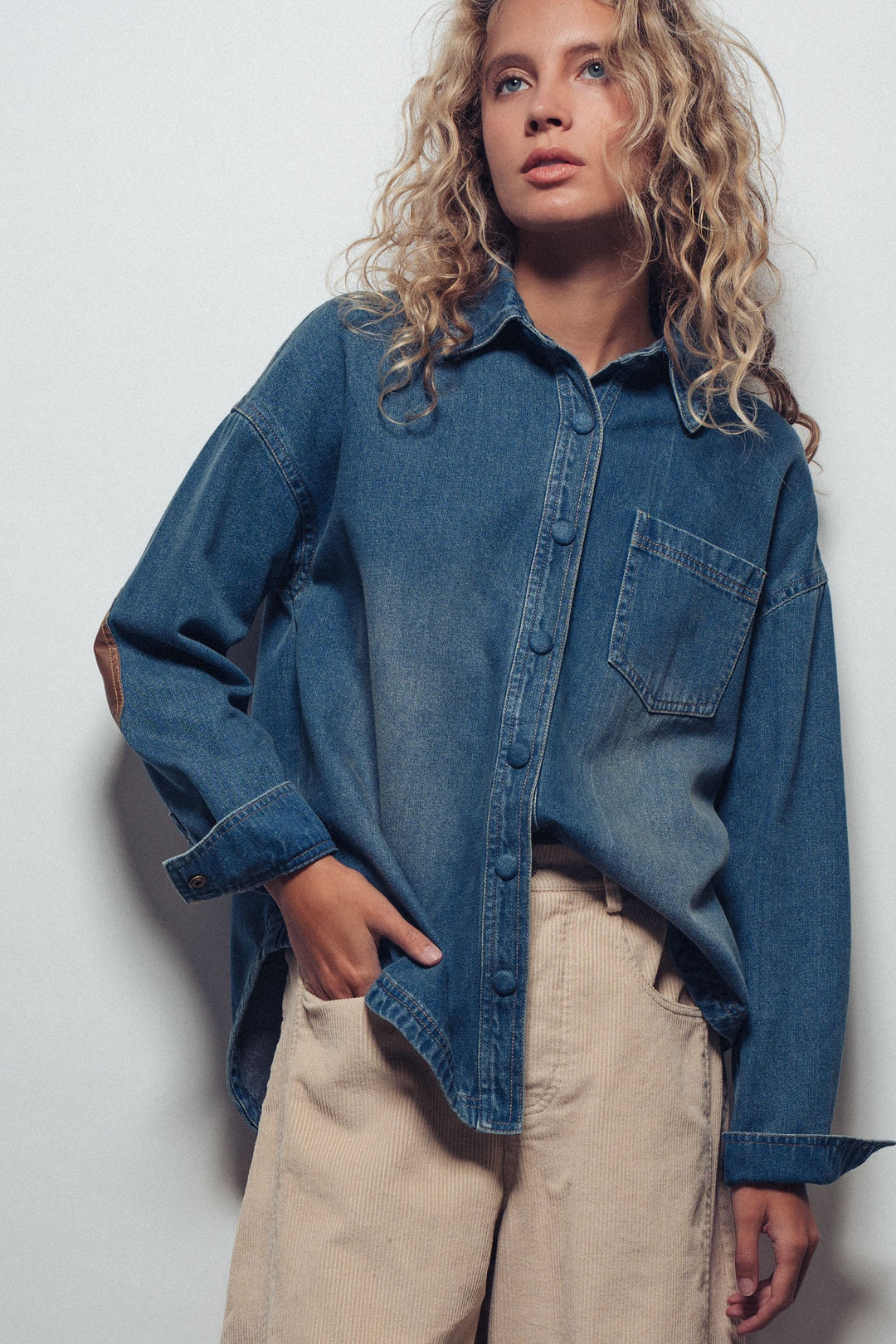 denim western casual top with elbow patch detail - denim (additional view)