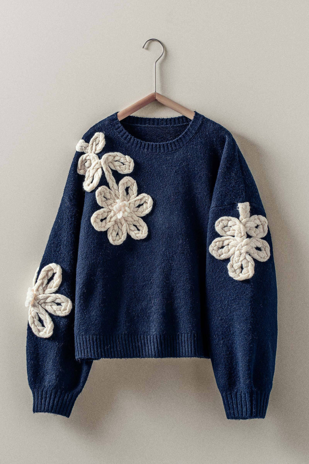 3d floral knit applique sweater - navy