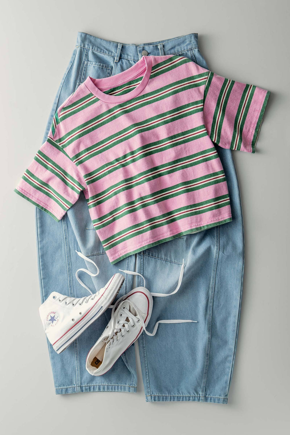 striped pink and green casual crop top - pink green