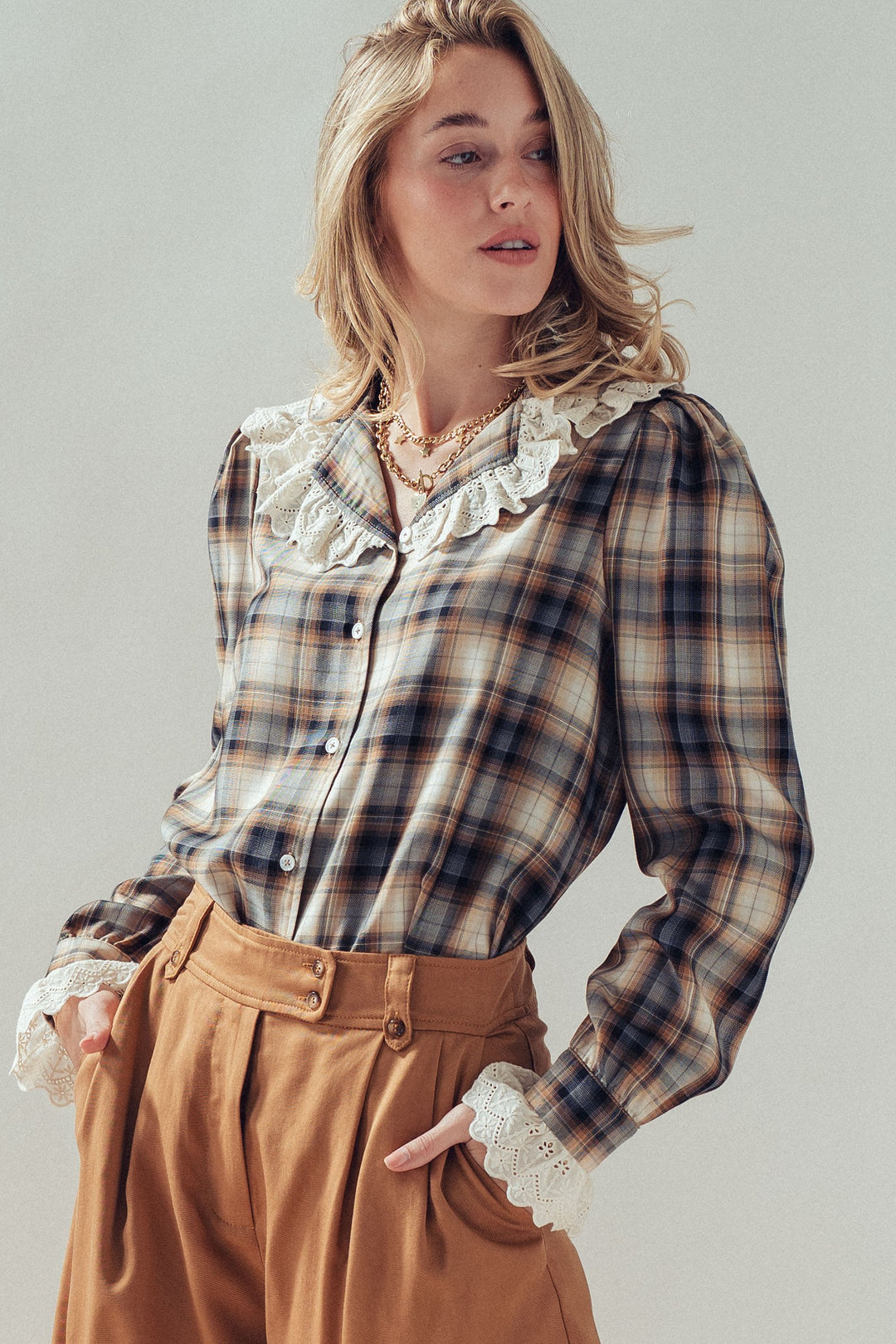 western romantic lace trim plaid blouse - brown multi (additional view)
