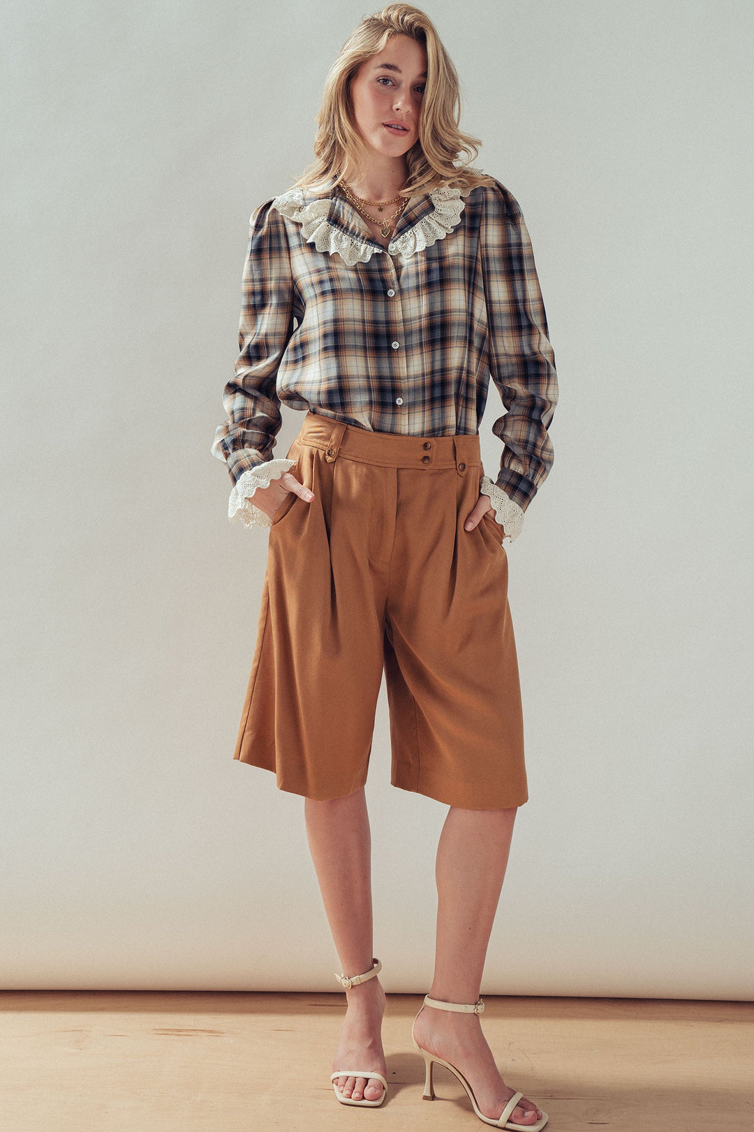 western romantic lace trim plaid blouse - brown multi (additional view)