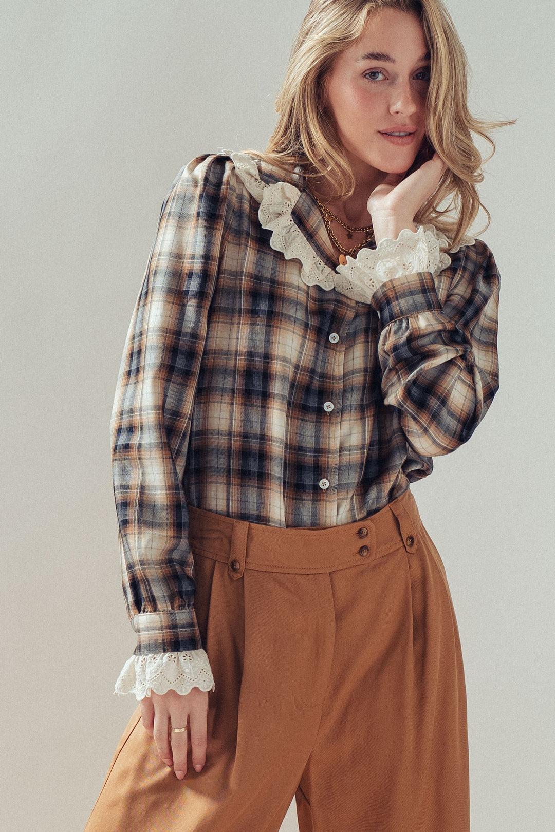 western romantic lace trim plaid blouse - brown multi (additional view)