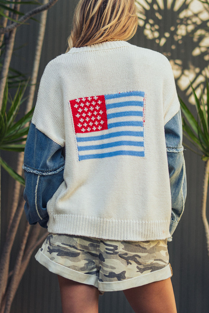 heritage denim patch sleeve knit cardigan - ivory