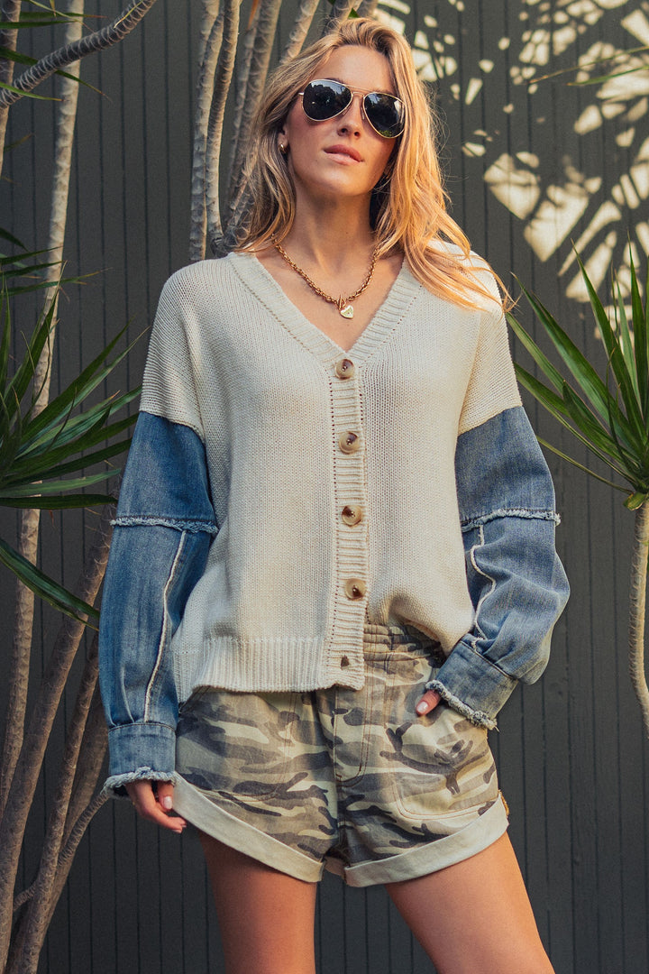 heritage denim patch sleeve knit cardigan - ivory (additional view)