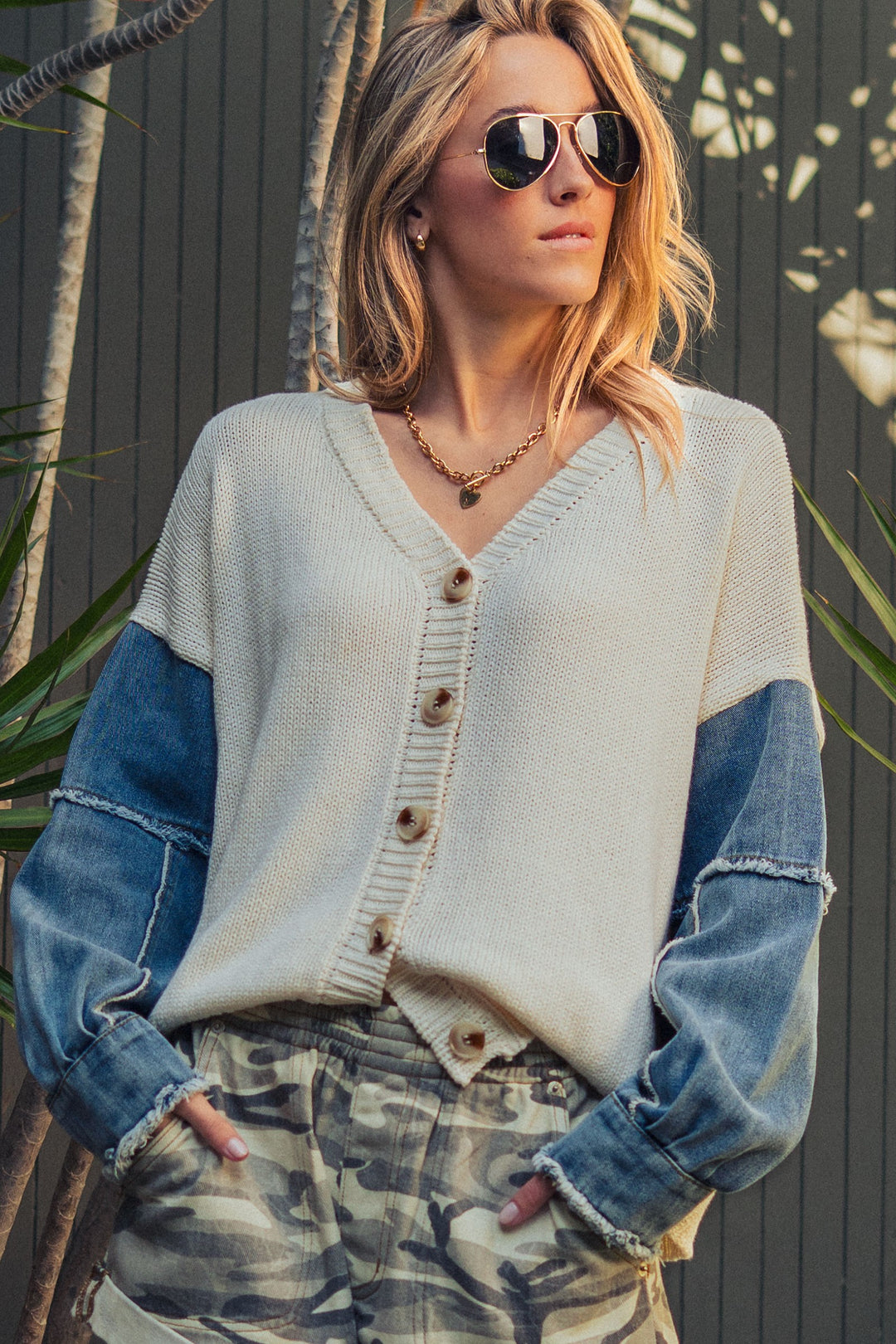 heritage denim patch sleeve knit cardigan - ivory (additional view)