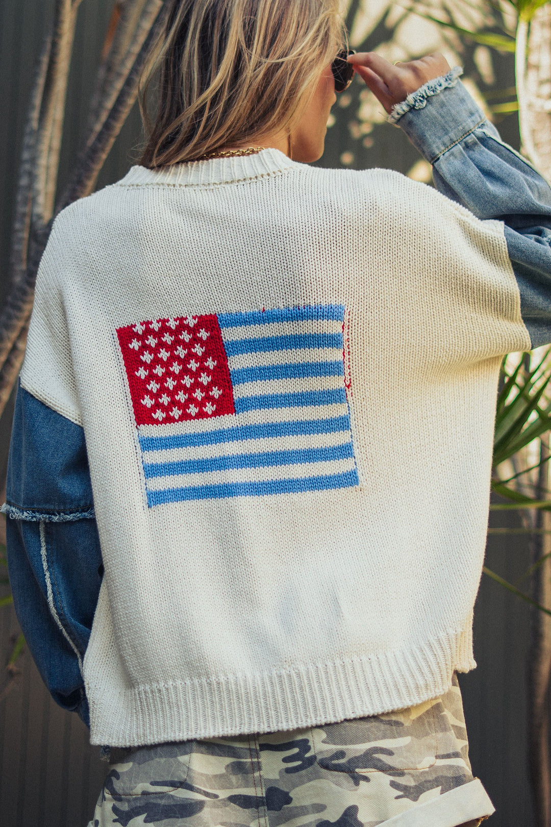 heritage denim patch sleeve knit cardigan - ivory (additional view)
