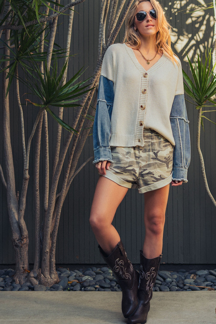 heritage denim patch sleeve knit cardigan - ivory (additional view)