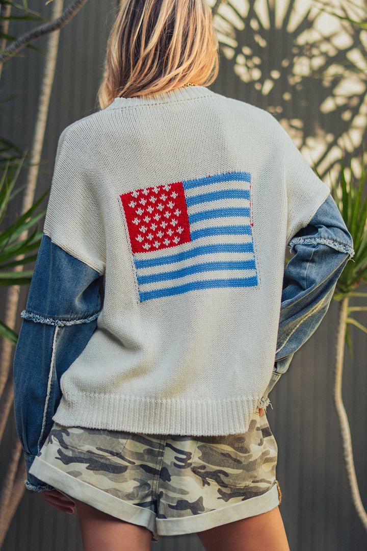 heritage denim patch sleeve knit cardigan - ivory (additional view)