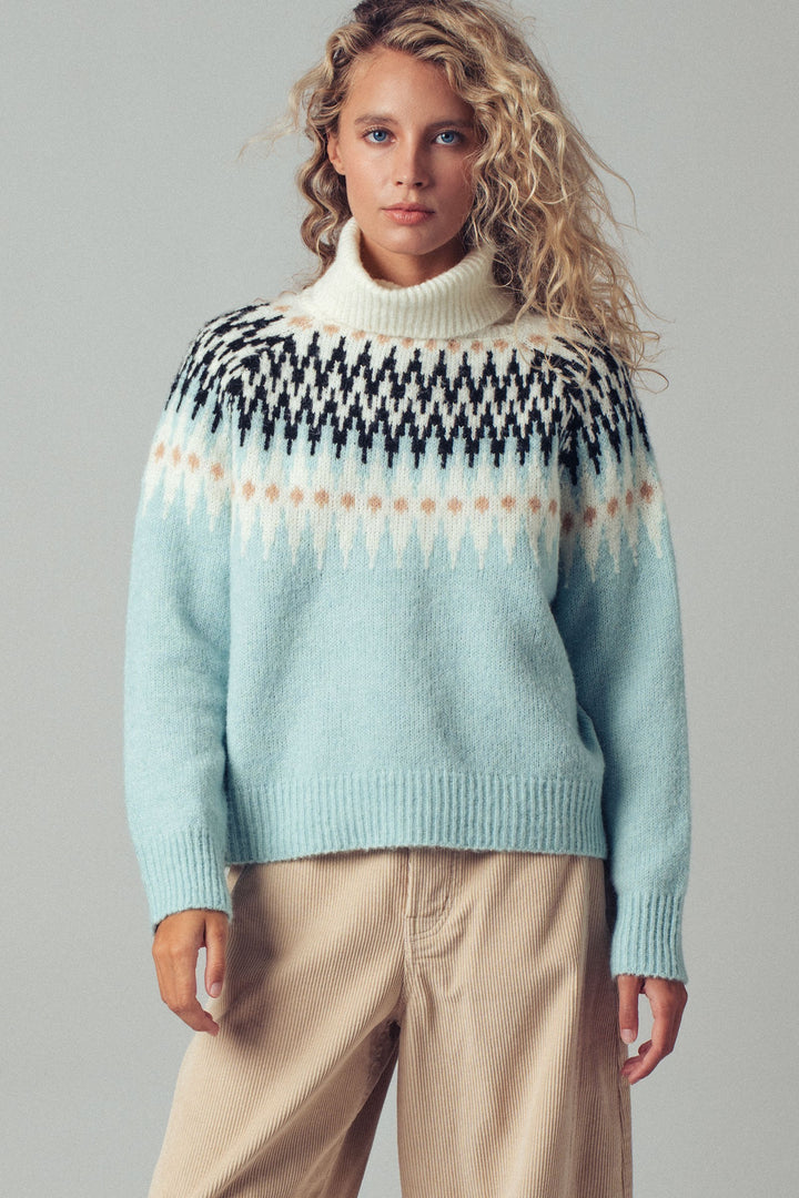 wool blend fair isle pattern turtleneck sweater - pastel blue (additional view)