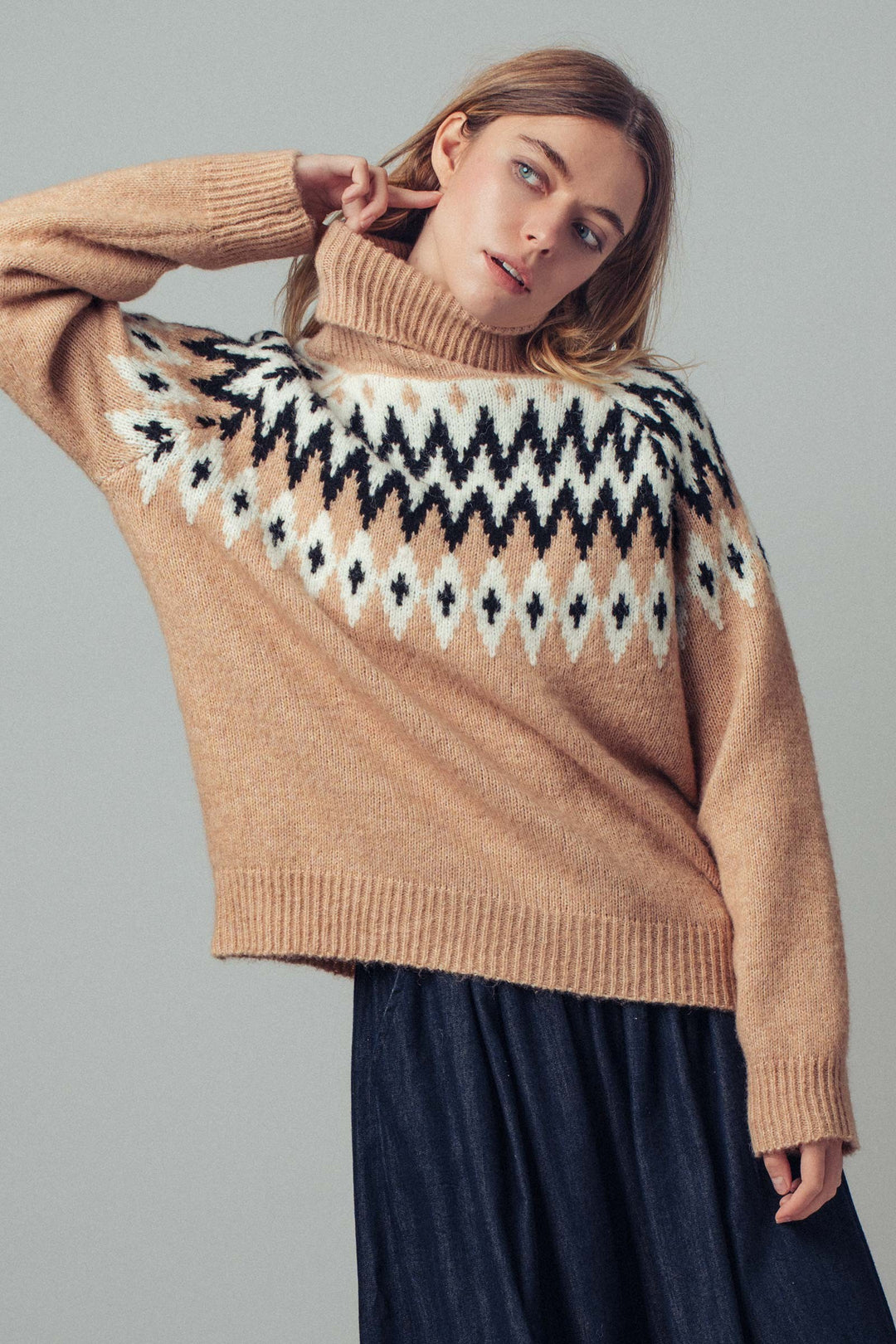 wool blend fair isle pattern turtleneck sweater - taupe multi (additional view)