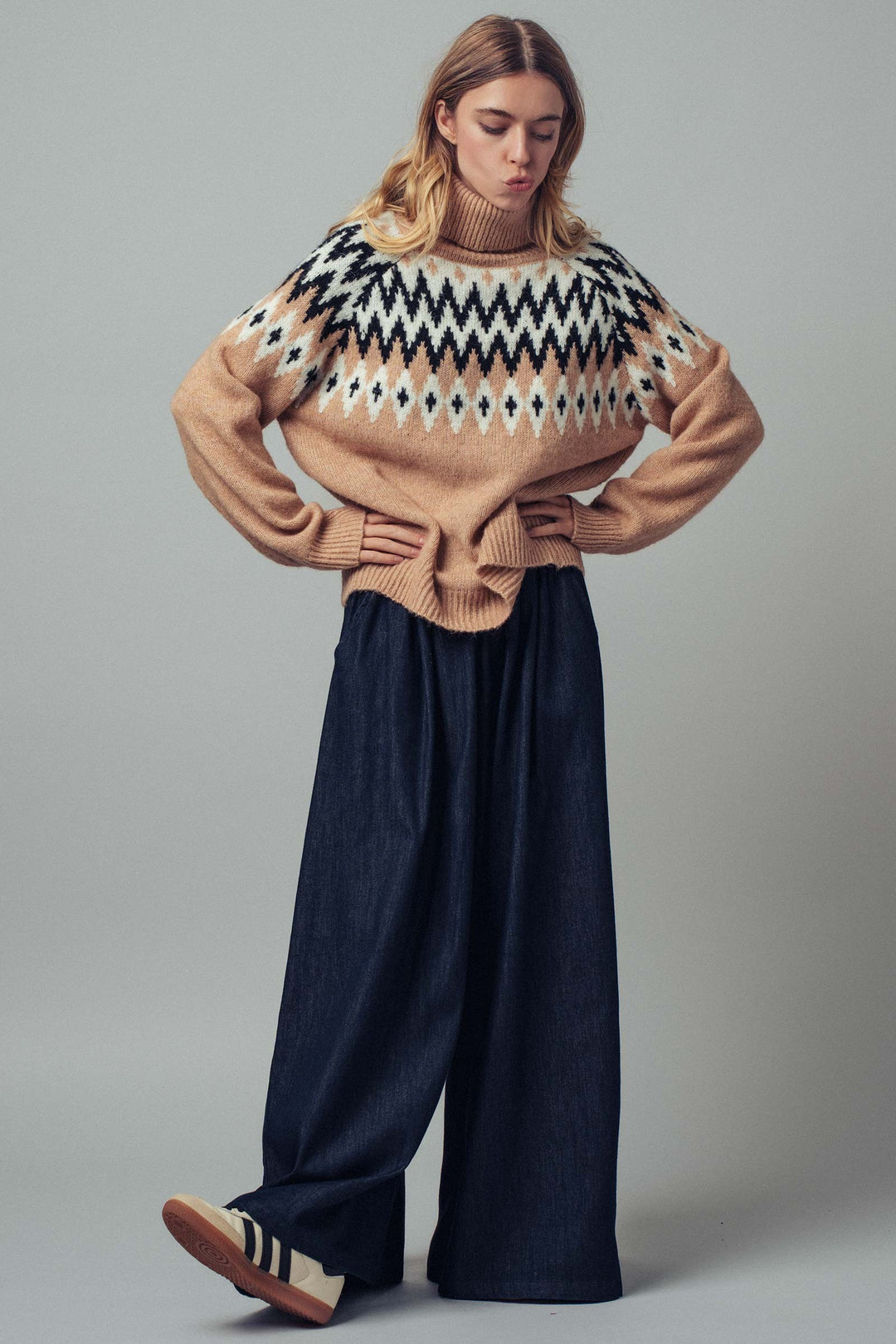 wool blend fair isle pattern turtleneck sweater - taupe multi (additional view)